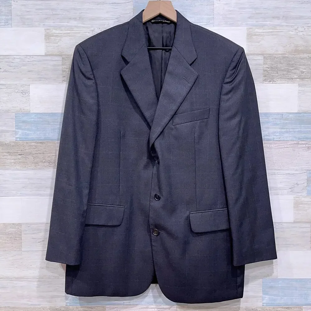 Jack Victor Wool Windowpane Suit Charcoal Gray Mens 42R 36x29 Pleated Pants